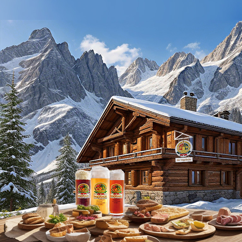 tiroler woche - berghuete in den verschneiten alpen davor eine deftige brotzeit mitsamt vogelbieren